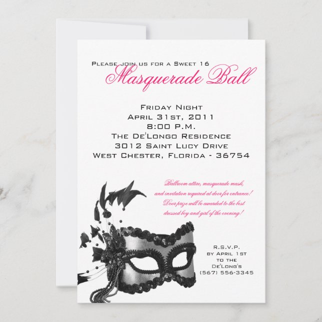 5x7 Sweet 16 Masquerade Ball Invitation Anniversai (Devant)
