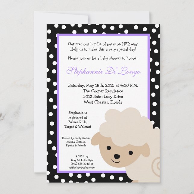 5x7 Sweet Purple Farm Sheep Baby shower Invitation (Devant)