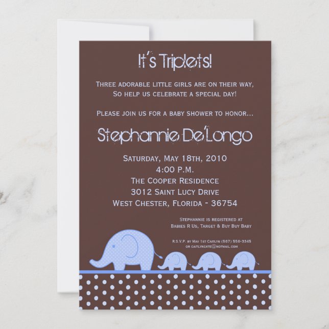 5x7 Triplés pour Baby shower éléphant Invitation (Devant)