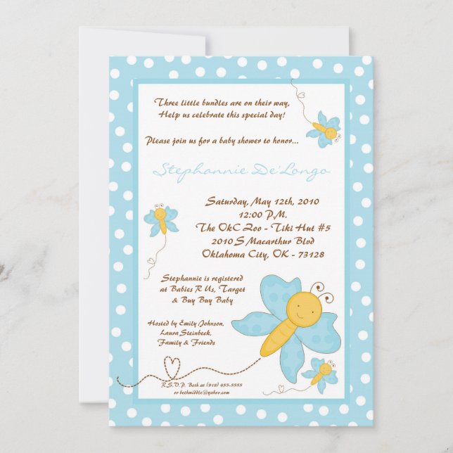5x7 TRIPLET Baby shower Bleu papillon Invitation (Devant)