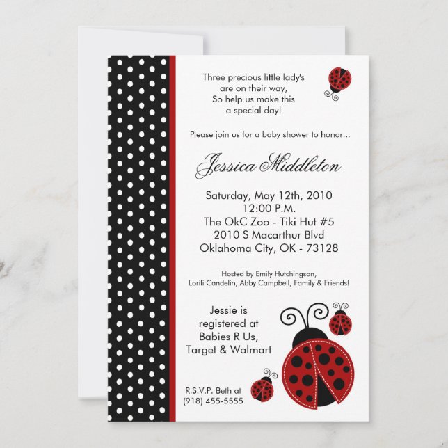 5x7 TRIPLET Lady Bug Polka Baby shower Invitation (Devant)