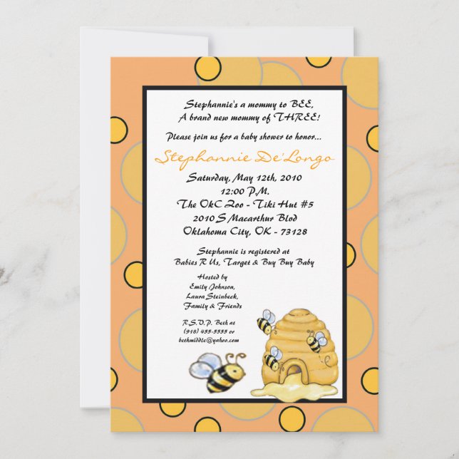 5x7 TRIPLETHoney Bumble Bee Baby shower Invitation (Devant)