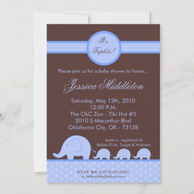 5x7 Triplets de garçon Invitation Baby shower d'él (Devant)