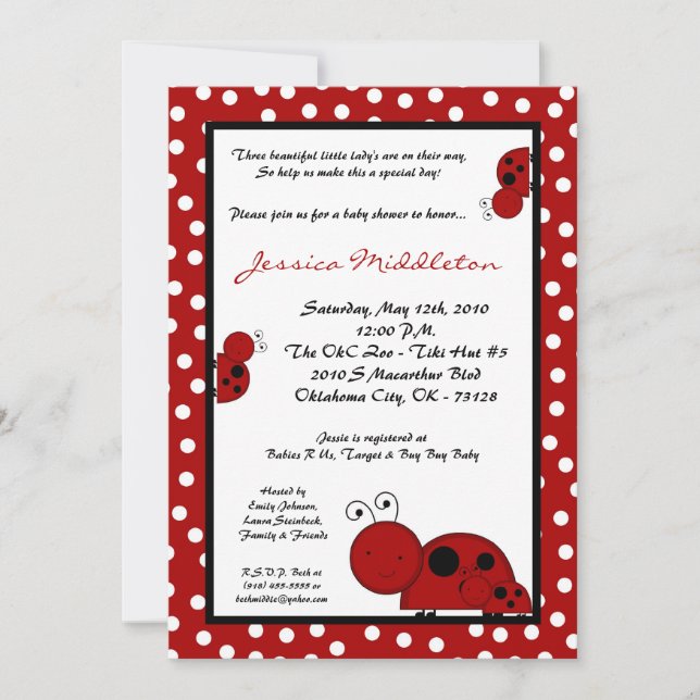 5x7 TRIPLETS Red Lady Bug Baby shower Invitation (Devant)