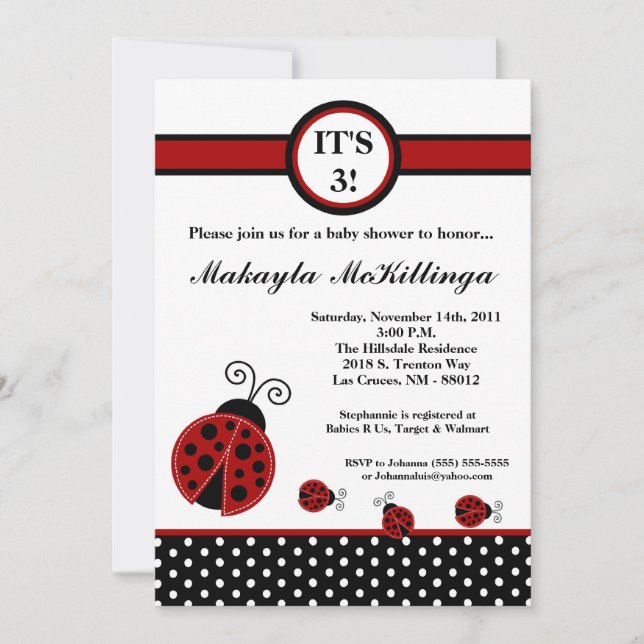 5x7 TRIPLETS Red Lady Bug Baby shower Invitation (Devant)