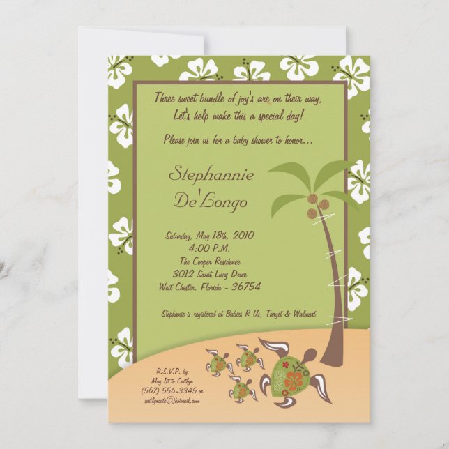 5x7 Tropical Turtle Mama TRIPLET Shower Invitation (Devant)