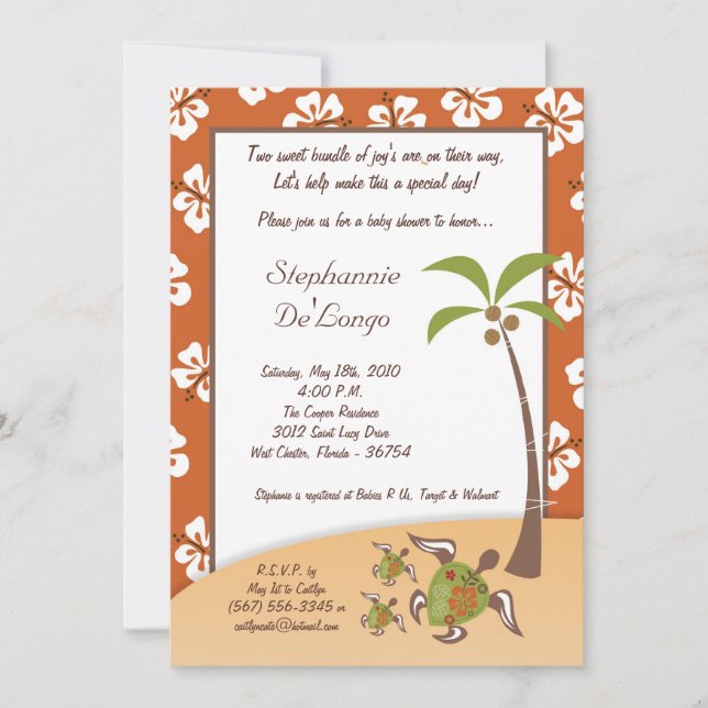 5x7 Tropical Turtle Mama TWINS Douche Invitation (Devant)