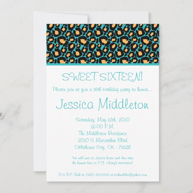 5x7 Turquoise Cheetah Imprimer 16e invitation d'an (Devant)