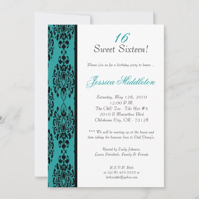 5x7 Turquoise Dentelle Damas Invitation de fête d' (Devant)