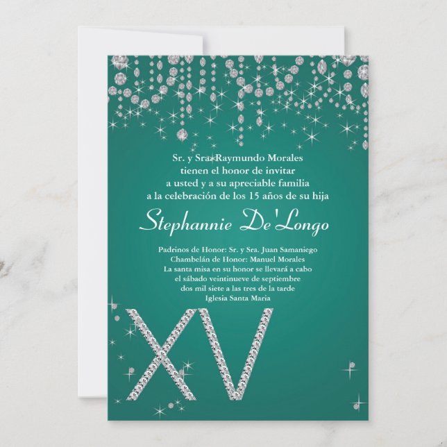 5x7 Turquoise Diamond Quinceanera Invitation Anniv (Devant)