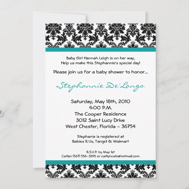 5x7 Turquoise Invitation au Baby shower de Damas n (Devant)