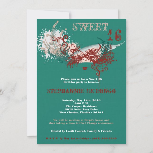 5x7 Turquoise Masquerade Sweet 16 Invitation anniv (Devant)