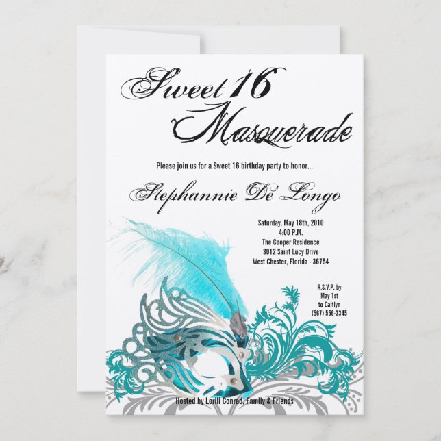 5x7 Turquoise Masquerade Sweet 16 Invitation anniv (Devant)