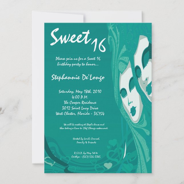 5x7 Turquoise Masquerade Sweet 16 Invitation anniv (Devant)