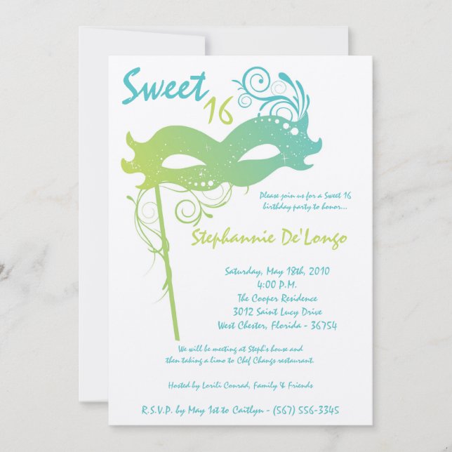 5x7 Turquoise Masquerade Sweet 16 Invitation anniv (Devant)