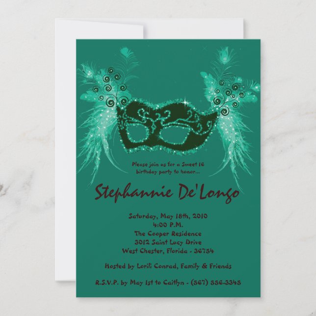 5x7 Turquoise Masquerade Sweet 16 Invitation anniv (Devant)