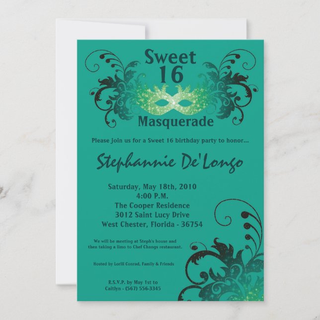 5x7 Turquoise Masquerade Sweet 16 Invitation anniv (Devant)