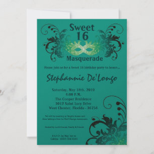 5x7 Turquoise Masquerade Sweet 16 Invitation anniv