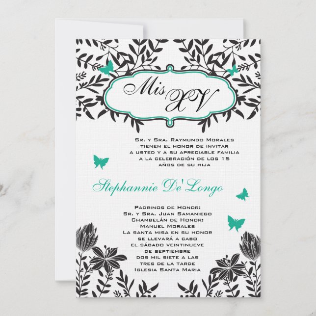5x7 Turquoise Papillon Quinceanera Invitation d'an (Devant)