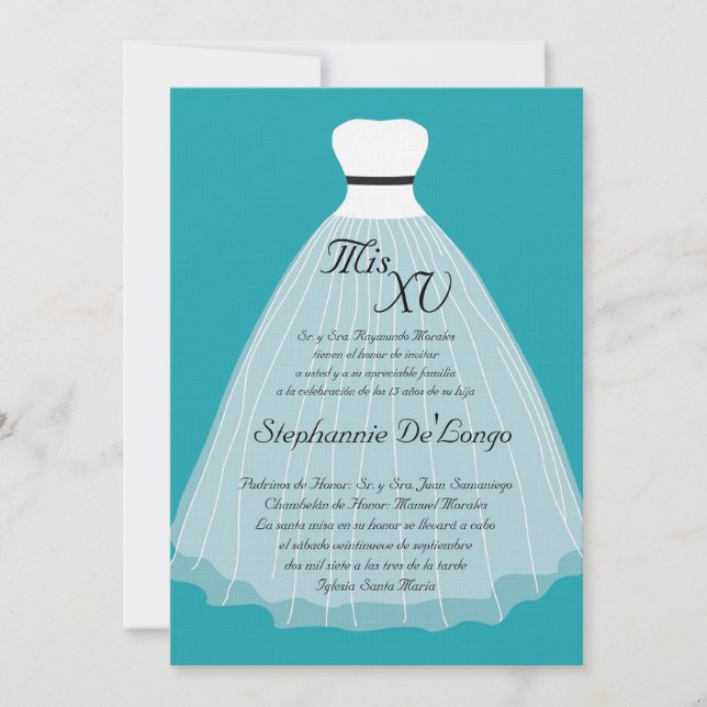 5x7 Turquoise robe Quinceanera Invitation d'annive (Devant)