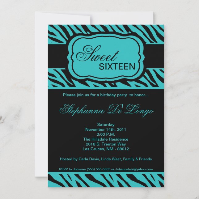 5x7 Turquoise Zebra Imprimer Invitation à la fête  (Devant)
