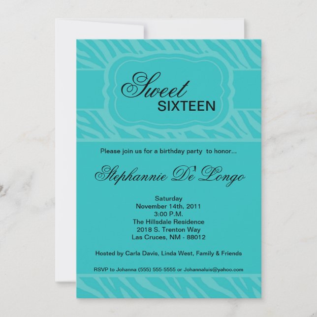 5x7 Turquoise Zèbre Imprimer Invitation de fête d' (Devant)