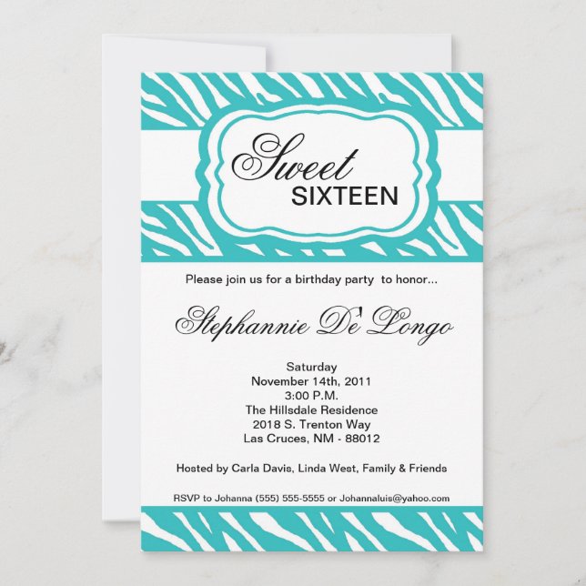 5x7 Turquoise Zèbre Imprimer Invitation de fête d' (Devant)