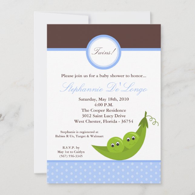 5x7 TWIN Boy Peas in Pod Baby shower Invitation (Devant)