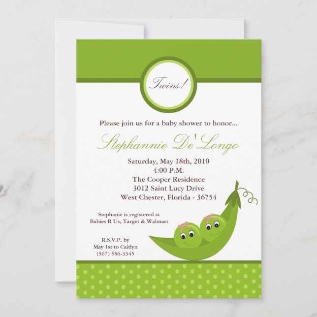 5x7 TWIN Girl Peas in Pod Baby shower Invitation (Devant)