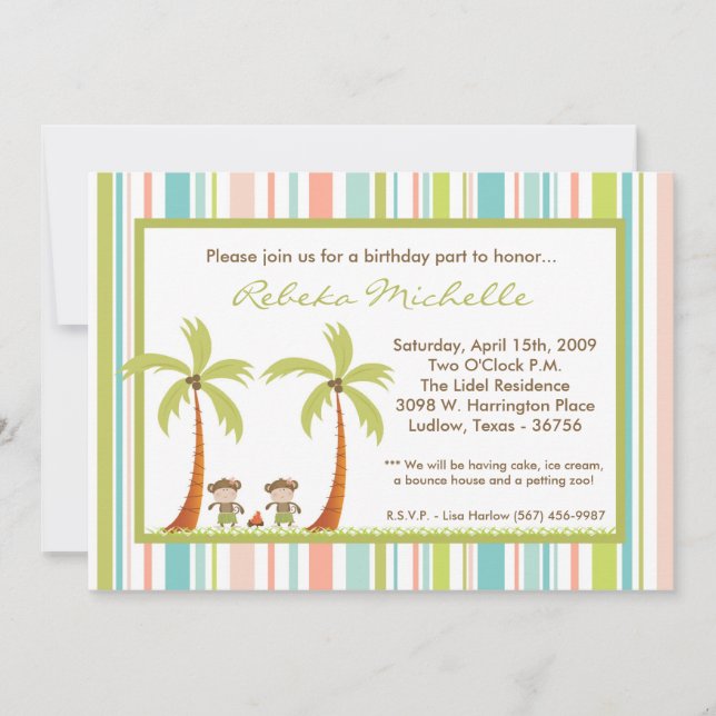 5x7 Twin Luau Monkey Anniversaire Fête Invitation (Devant)