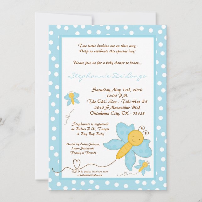 5x7 TWINS Blue Butterfly Baby shower Invitation (Devant)