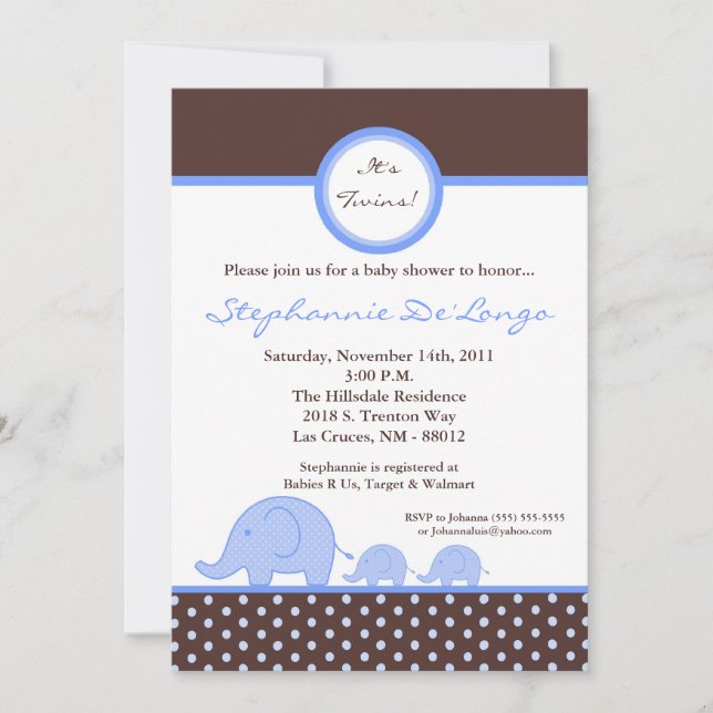 5x7 TWINS Mod Blue Elephant Invitation Baby shower (Devant)