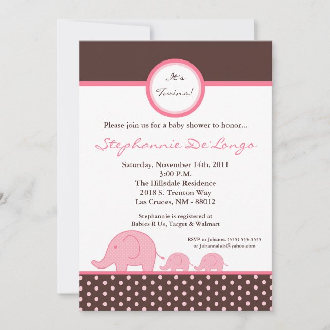 5x7 TWINS Mod Pink Elephant Invitation Baby shower (Devant)