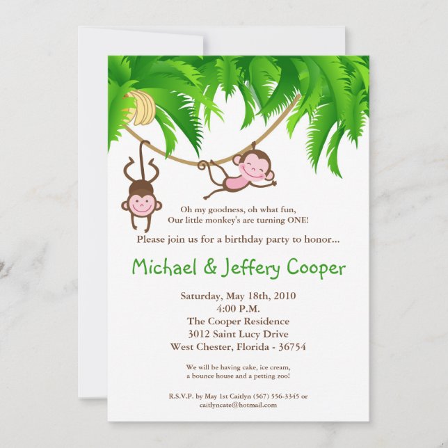 5x7 TWINS Monkey Jungle Invitation de fête d'anniv (Devant)