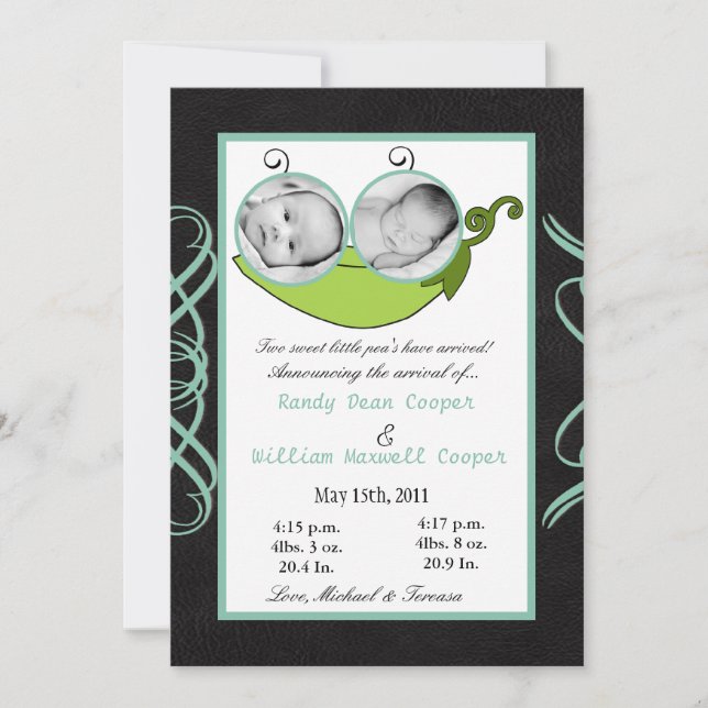 5x7 Twins Pea dans un Faire-part de naissance PHOT (Devant)