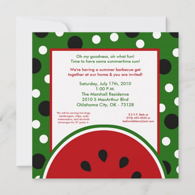 5x7 Watermelon Summer Picnic Barbecue Invitation (Devant)