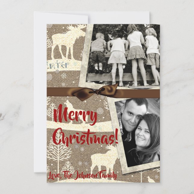 5x7 XMAS Noel Burlap Deer Doe Buck Carte photo (Devant)