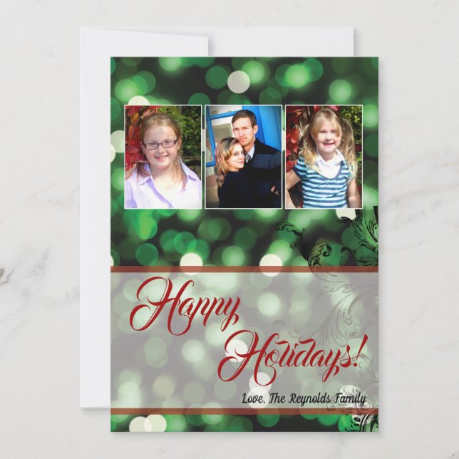 5x7 XMAS Noël Vert Bokeh Lumières Carte photo (Devant)