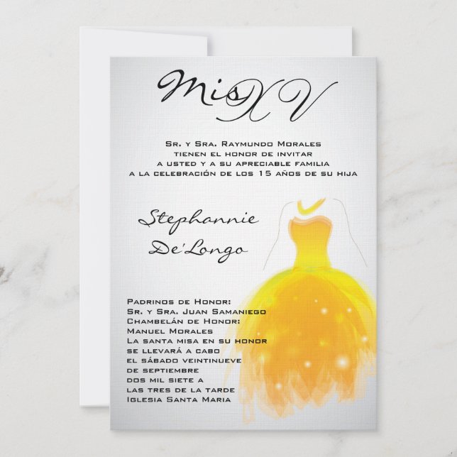 5x7 Yellow Dress Quinceanera Invitation d'annivers (Devant)