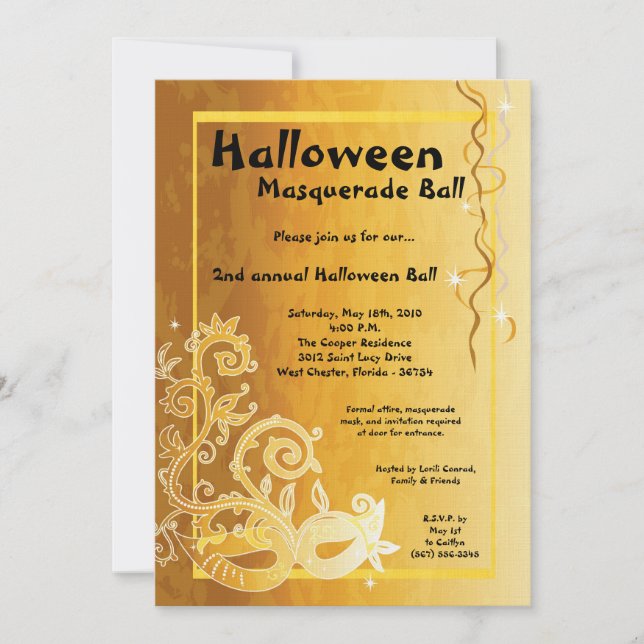 5x7 Yellow Masquerade Halloween Ball Invitation (Devant)