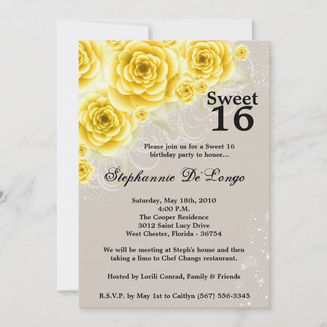 5x7 Yellow Roses Sweet 16 Anniversaire Invitation (Devant)