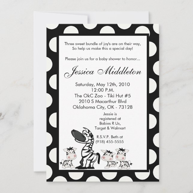 5x7 Zebra Mama TRIPLET Baby shower Invitation (Devant)