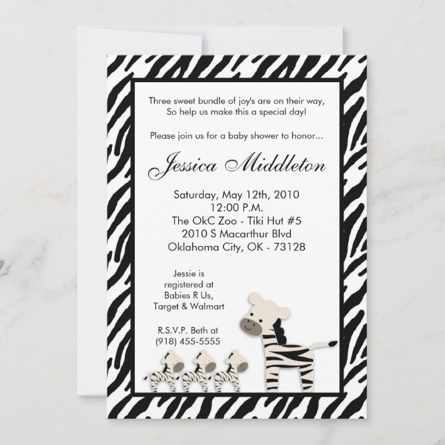 5x7 Zebra Momma TRIPLET Baby shower Invitation (Devant)