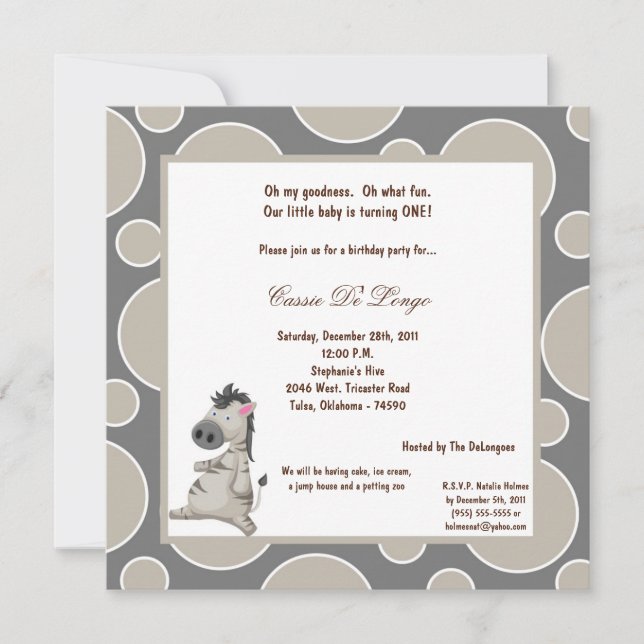 5x7 Zebra Pok-a-Dot Invitation de fête d'anniversa (Devant)