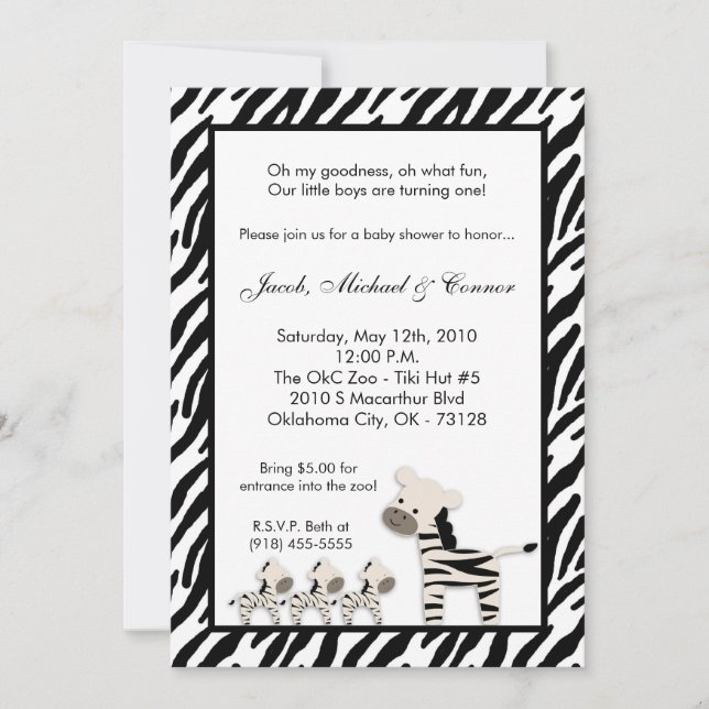 5x7 Zebra TRIPLETS Baby Birthday Party Invitation (Devant)