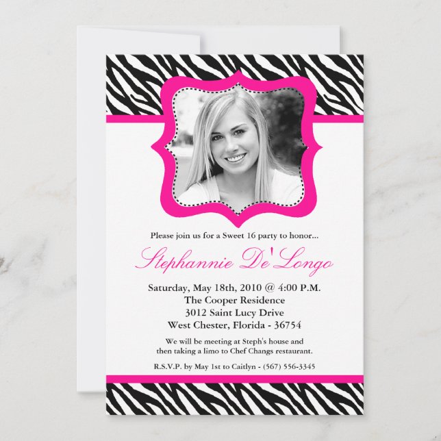 5x7 Zèbre rose chaud, 16 Invitations d'anniversair (Devant)