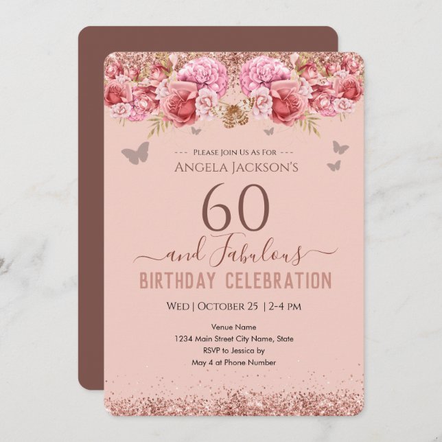60 et fabuleux Adulte Anniversaire rose Invitation (Devant / Derrière)