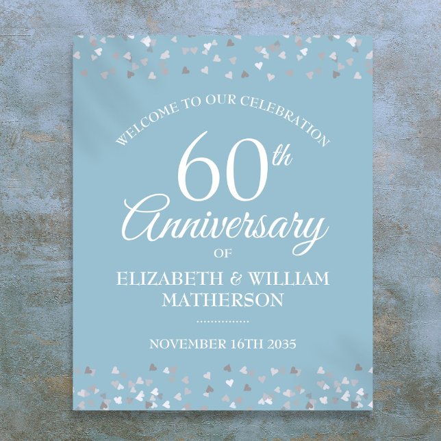 60e Anniversaire Amour Coeurs Confetti Affiche de  (60th Anniversary Love Hearts Confetti Welcome Sign)
