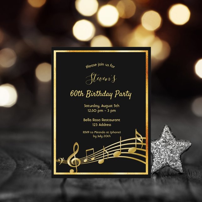 60e anniversaire Black gold music notes invitation (Créateur téléchargé)