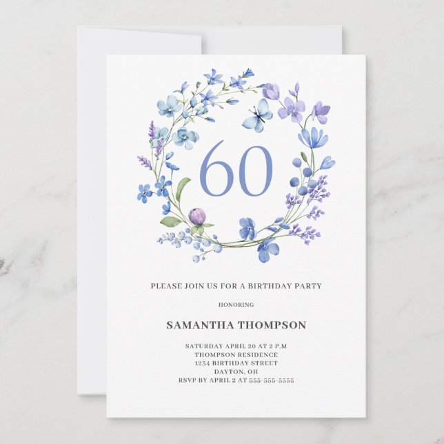 60e anniversaire Blue Floral Aquarelle Invitation (Devant)